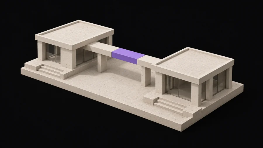 Two completed structures joined by a walkway with a violet replacement connection.